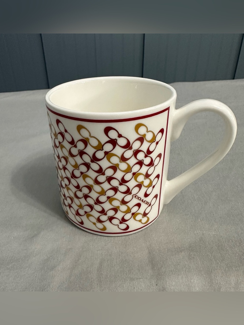 COACH Signature C Mug Designer Ceramic Coffee Cup Burgundy Gold Logo Monogram